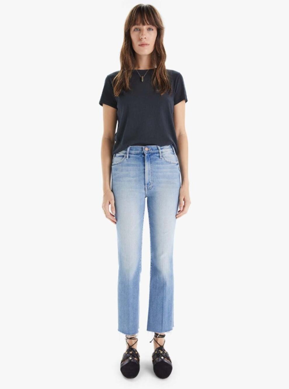 MOTHER denim Hustler Ankle Fray light medium wash raw hem cropped straight jeans